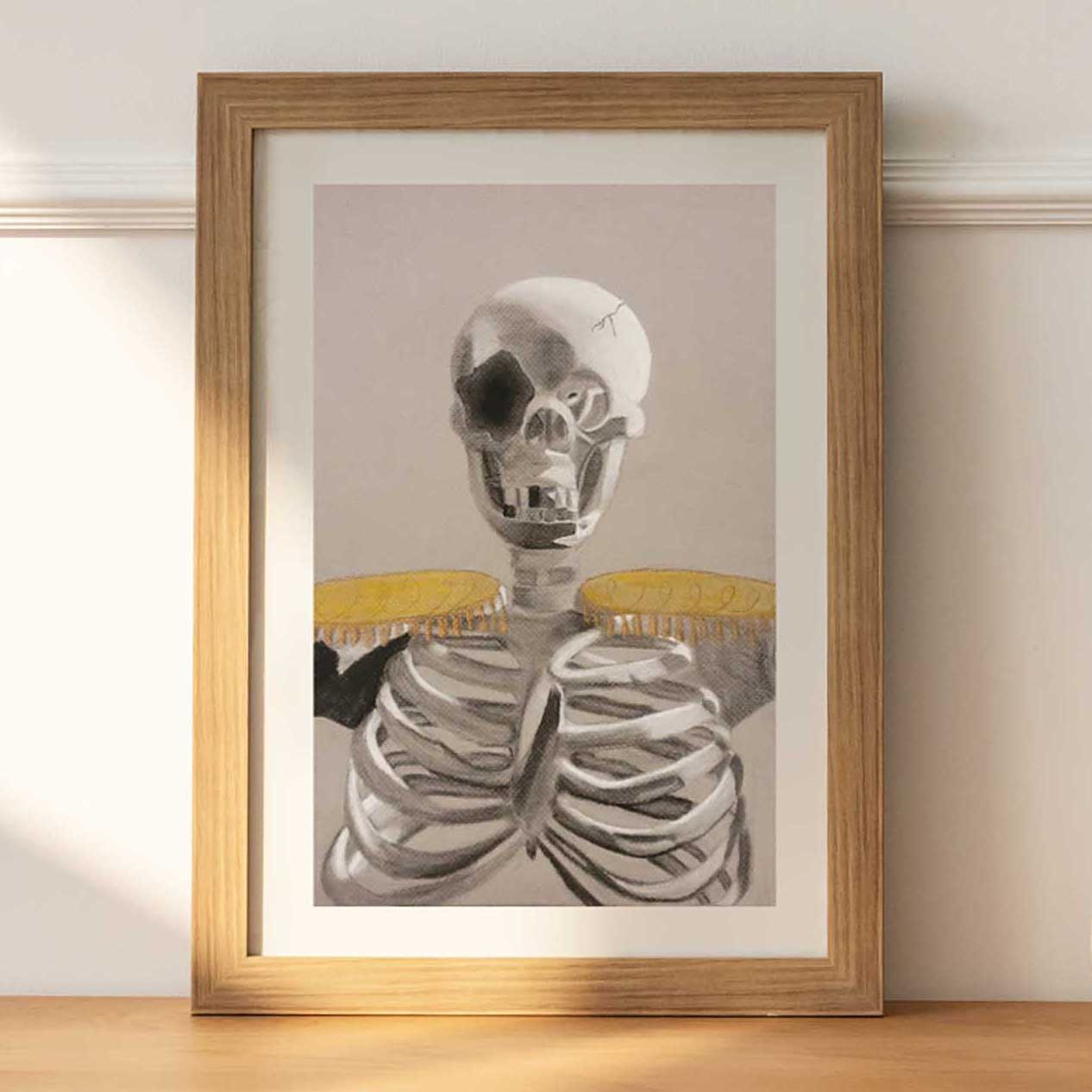 drawing of skeleton from bust up in charcoals. epaulettes rest on the shoulders. right eye socket is blown in and left top of skull has cracking.