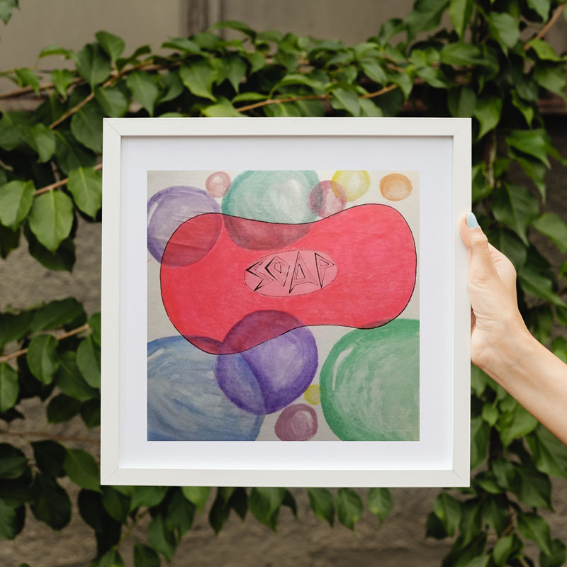 art of pink bar of soap with watercolor bubbles surrounding it